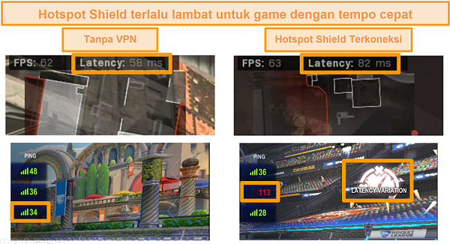 Tangkapan layar Call of Duty: Modern Warfare dan Rocket League diuji untuk peningkatan latensi saat terhubung ke Hotspot Shield VPN di PC.
