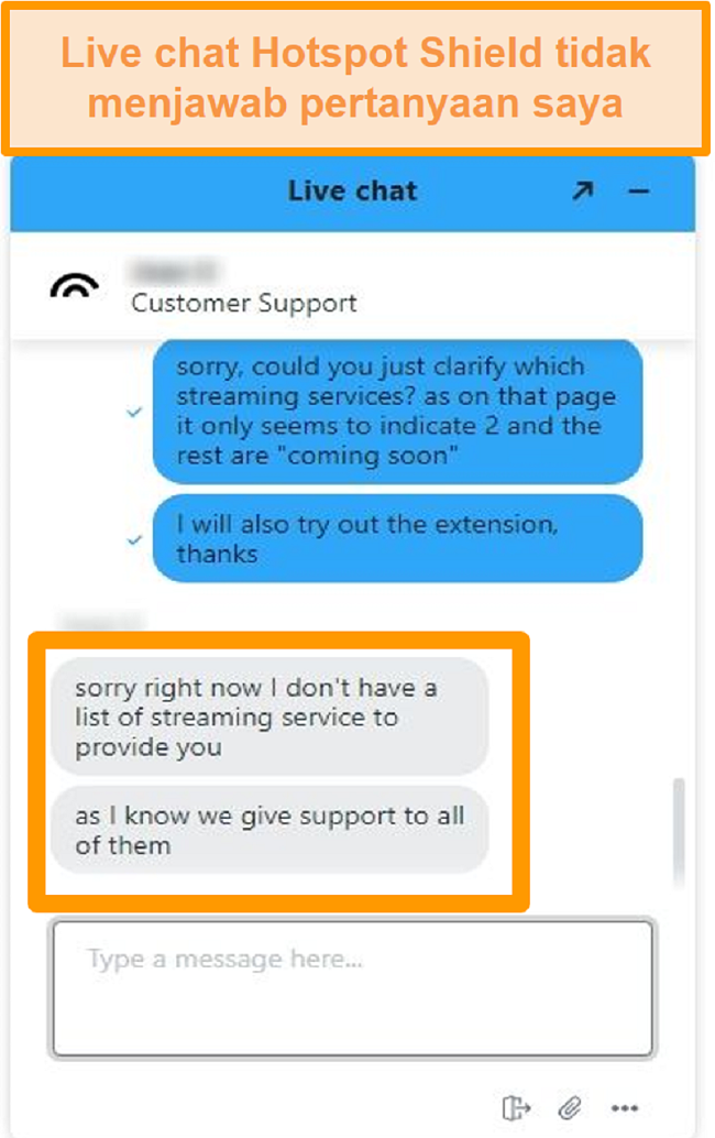 Tangkapan layar dari agen obrolan langsung Hotspot Shield tidak dapat menjawab pertanyaan saya
