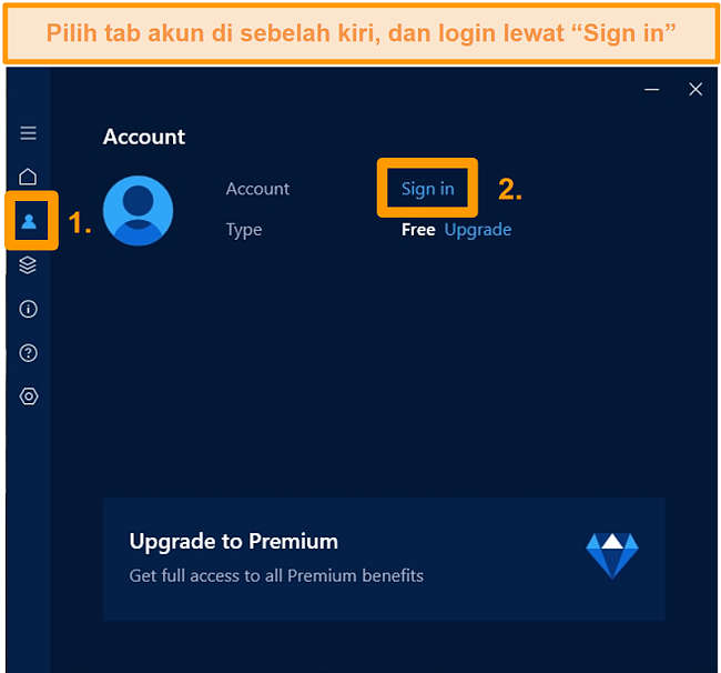 Tangkapan layar dari layar masuk akun aplikasi Windows Hotspot Shield.
