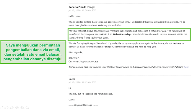 Tangkapan layar percakapan email dengan dukungan Hotspot Shield, menghasilkan pengembalian dana yang disetujui.