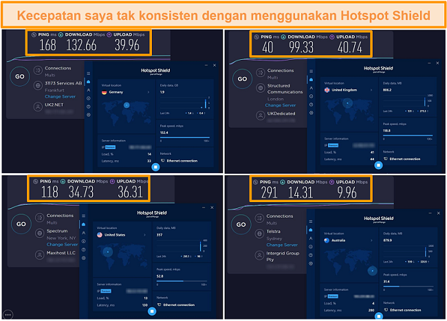 Tangkapan layar uji kecepatan Hotspot Shield dari Jerman, Inggris, AS, dan Australia