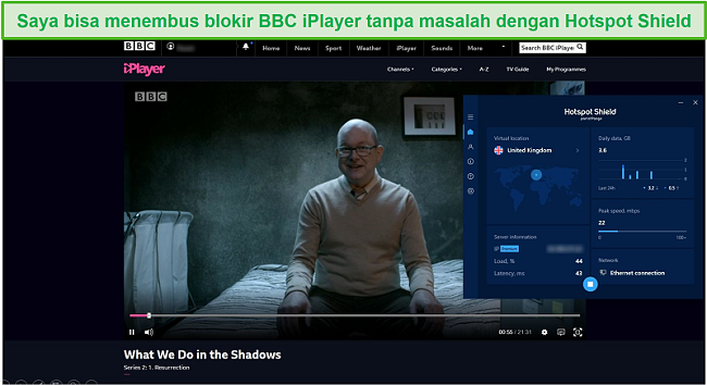 Tangkapan layar dari Hotspot Shield yang membuka blokir What We Do in the Shadows di BBC iPlayer.