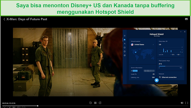 Tangkapan layar dari Hotspot Shield yang membuka blokir Disney + dan streaming X-Men: Days of Future Past.