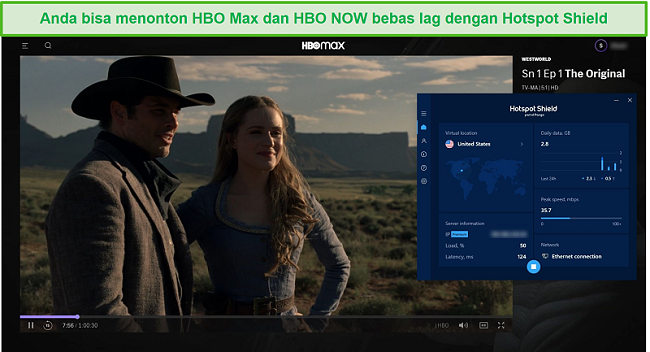 Tangkapan layar dari Hotspot Shield yang membuka blokir Westworld di HBO Max.