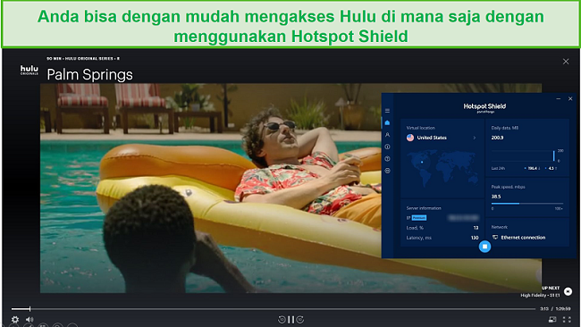 Tangkapan layar dari Hotspot Shield yang membuka blokir Hulu dan streaming Palm Springs.