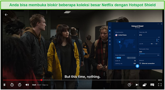 Tangkapan layar dari Hotspot Shield yang membuka blokir Netflix dan streaming Dark.