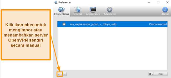 Tangkapan layar aplikasi Viscosity yang menunjukkan cara menambahkan server OpenVPN