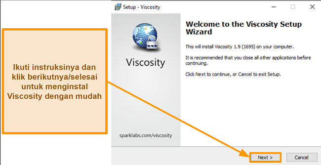 Tangkapan layar wizard penyiapan Viscosity untuk memasang aplikasi