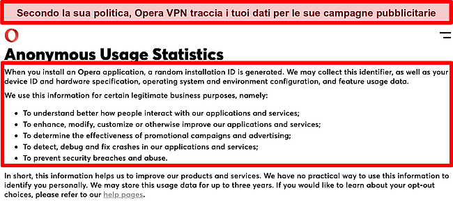 Screenshot dell'informativa sulla privacy di Opera VPN 
