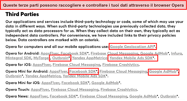 Screenshot dell'informativa sulla privacy di Opera che divulga la raccolta di dati da parte di terzi.