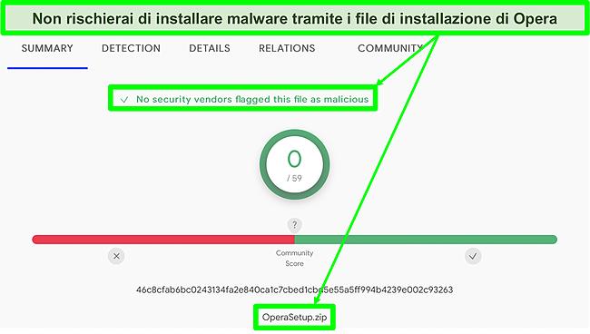 Schermata di una scansione malware che mostra nessun virus trovato nel file di installazione di Opera.