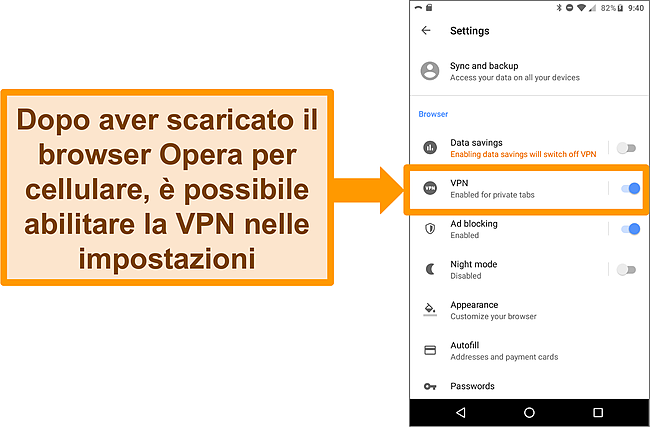 Screenshot del menu delle impostazioni del browser Android Opera che mostra l'opzione VPN abilitata.