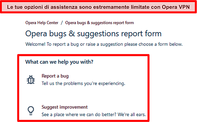 Schermata della pagina di segnalazione e suggerimento di bug online di Opera VPN.