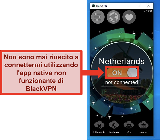 Screenshot del client Windows di BlackVPN che non si connette nonostante sia acceso