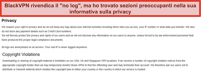Screenshot delle sezioni sulla privacy e sulle violazioni del copyright dei Termini di servizio di BlackVPN