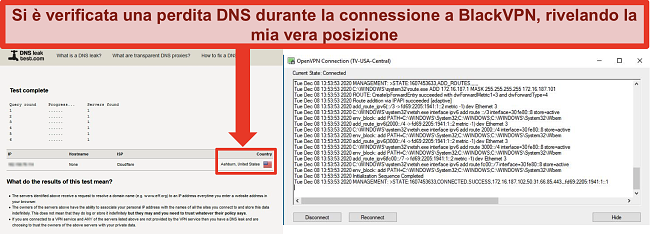 Screenshot di un test di tenuta DNS fallito mentre BlackVPN è connesso a un server negli Stati Uniti