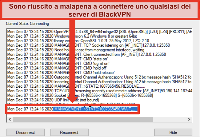 Screenshot di BlackVPN che tenta di connettersi a un server tramite il client OpenVPN