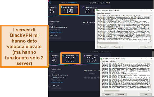 Screenshot di 2 test di velocità durante la connessione ai server BlackVPN negli Stati Uniti