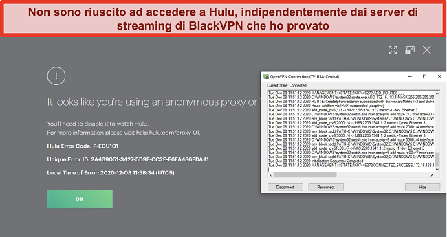 Screenshot dell'errore IP del proxy di Hulu mentre BlackVPN è connesso tramite OpenVPN