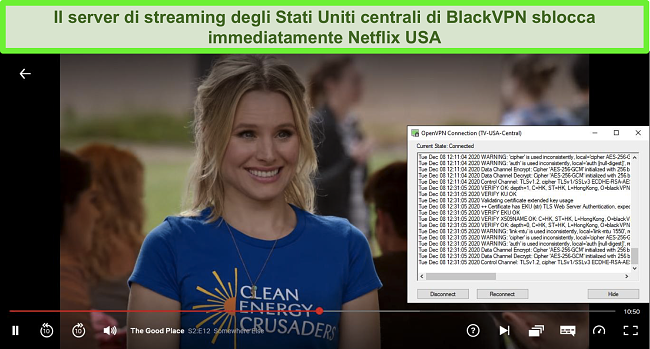 Screenshot di The Good Place su Netflix mentre BlackVPN è connesso al server di streaming US Central tramite il client OpenVPN