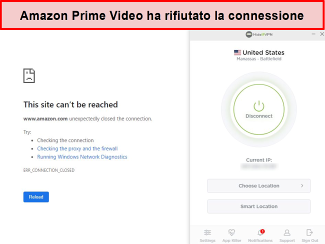 Screenshot di Amazon Prime Video che rifiuta la connessione HideIPVPN.