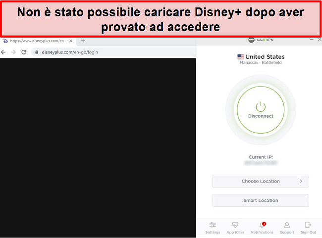 Screenshot di HideIPVPN che non riesce ad accedere a Disney +.