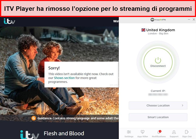 Screenshot di ITV Player che rimuove l'opzione per lo streaming di spettacoli sulla connessione HideIPVPN. Invece afferma che il video non è disponibile per la riproduzione in questo momento.