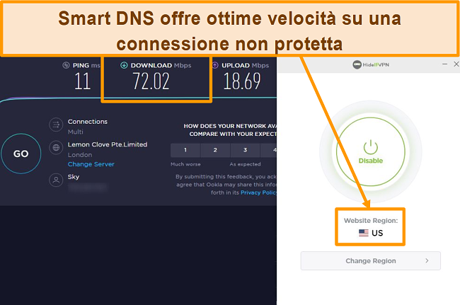 Screenshot del test di velocità di HideIPVPN Smart DNS.