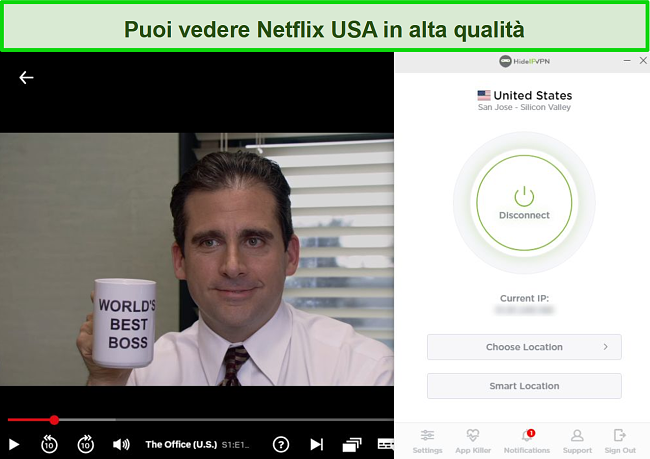 Screenshot di HideIPVPN che sblocca Netflix USA, in streaming The Office (USA).