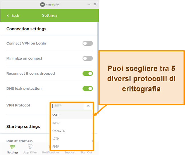 Screenshot dei protocolli di crittografia HideIPVPN.