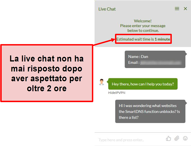 Screenshot della chat live di HideIPVPN che non risponde.