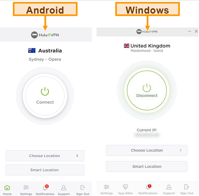Screenshot delle applicazioni desktop e mobili di HideIPVPN.