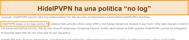 Screenshot della politica di no-log di HideIPVPN.