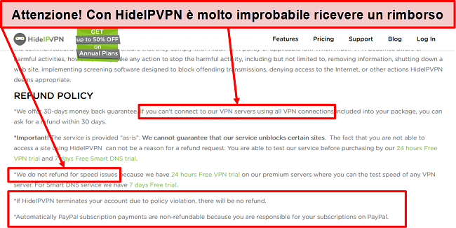 Screenshot della politica di rimborso di HidelVPN