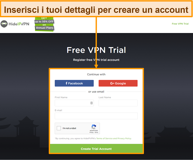 Screenshot del processo di creazione dell'account di HideIPVPN.