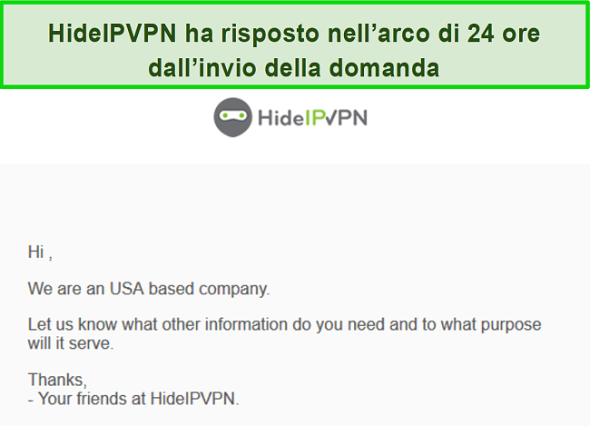 Screenshot del supporto e-mail di HideIPVPN.