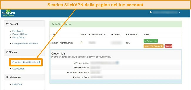 Screenshot dell'account SlickVPN con opzione di download