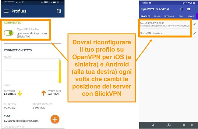 Screenshot di SlickVPN che richiede una configurazione manuale ogni volta che si cambia la posizione del server su un dispositivo mobile