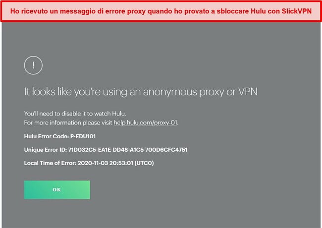 Screenshot di SlickVPN bloccato da Hulu