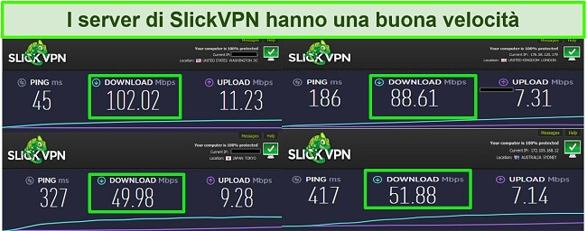 Screenshot di 4 diversi test di velocità durante la connessione ai server SlickVPN