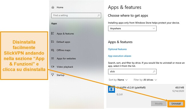Screenshot che mostra come disinstallare SlickVPN tramite il menu App e funzionalità.