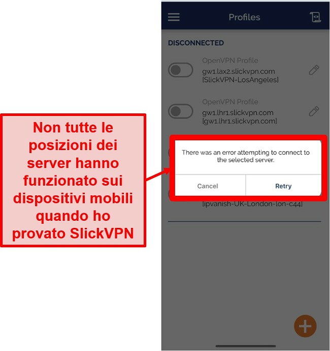 Screenshot di SlickVPN che non è in grado di connettersi a tutti i server sulla sua app mobile