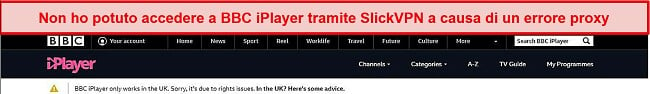 Screenshot di SlickVPN bloccato da BBC iPlayer
