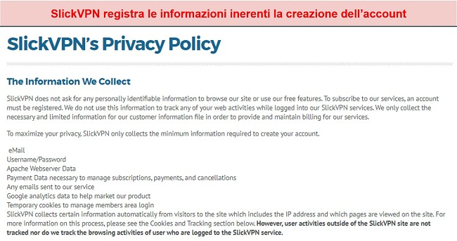 Screenshot della politica sulla privacy di SlickVPN