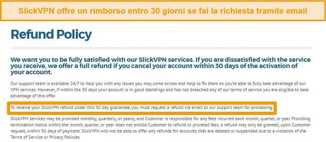 Screenshot della politica di rimborso di SlickVPN