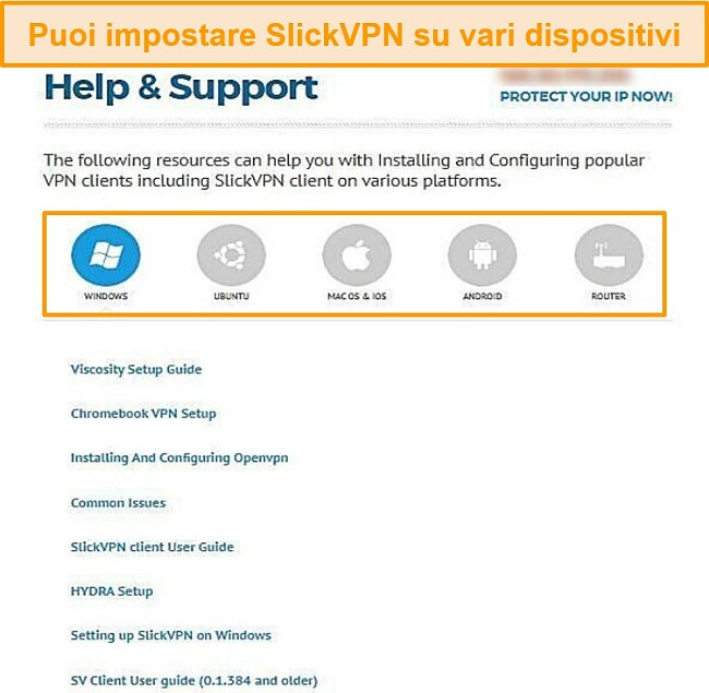 Screenshot della guida al supporto di SlickVPN