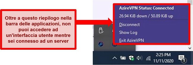 Screenshot del menu di stato della barra delle applicazioni di Azire