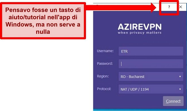 Screenshot della schermata principale dell'interfaccia utente di AzireVPN