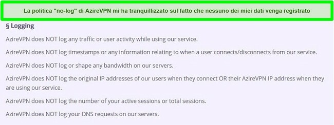 Screenshot della politica di zero-log di AzireVPN