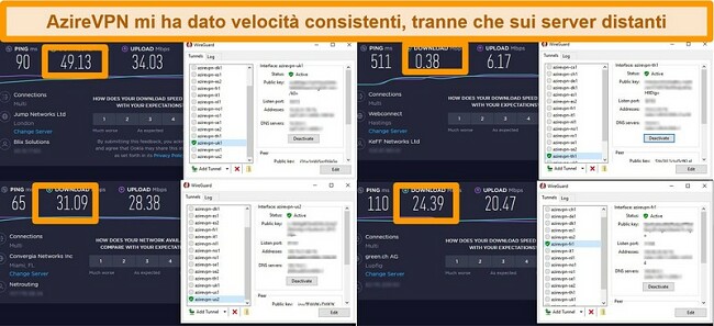 Screenshot di 4 test di velocità durante la connessione ai server AzireVPN